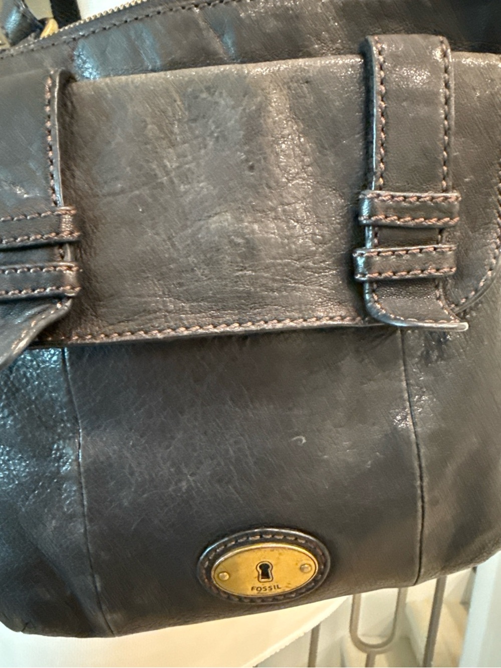 Fossil Black Leather Crossbody Bag Key Charm Vintage Style - Picture 4 of 10